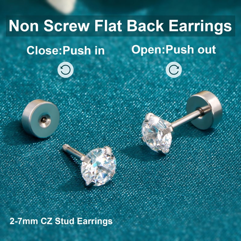 Monily Flat Back Stud Earrings for Women Cartilage Earrings Surgical Steel Earrings CZ Studs 6 Pairs 18G - Image 5